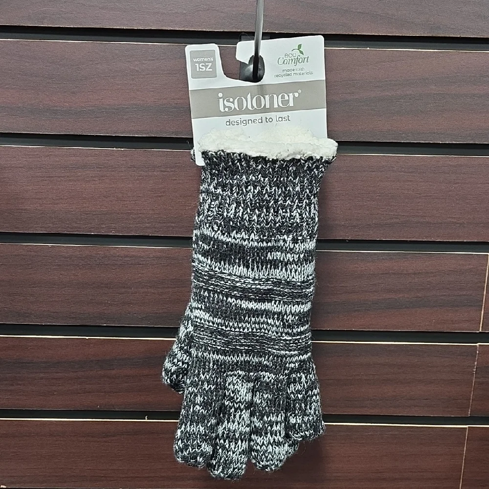 Isotoner | Adult Smartdri Knit Gloves – Black Abstract Sherpasoft Lined | OSFM